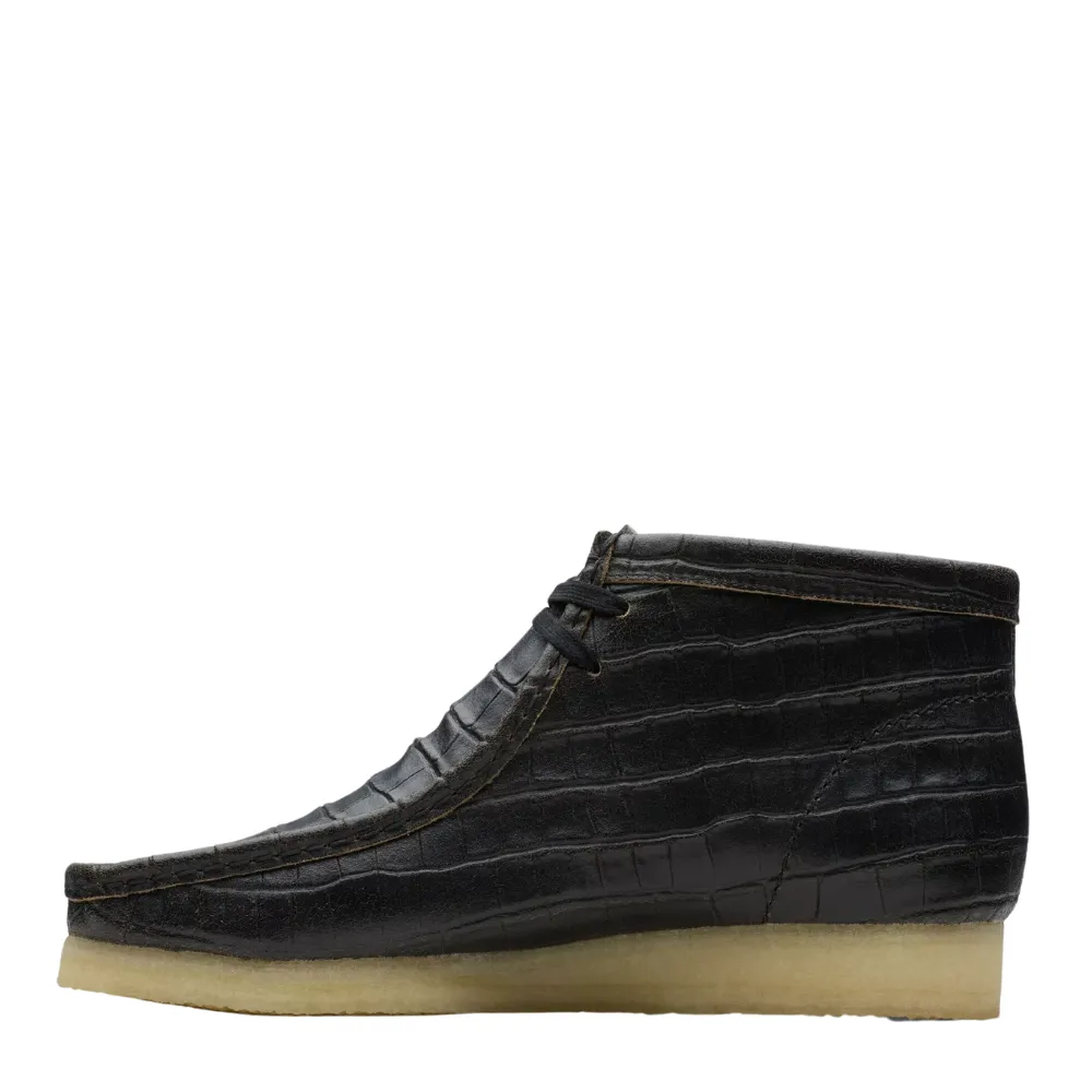 Clarks Men's Wallabee Boot in Black Crocodile Distress