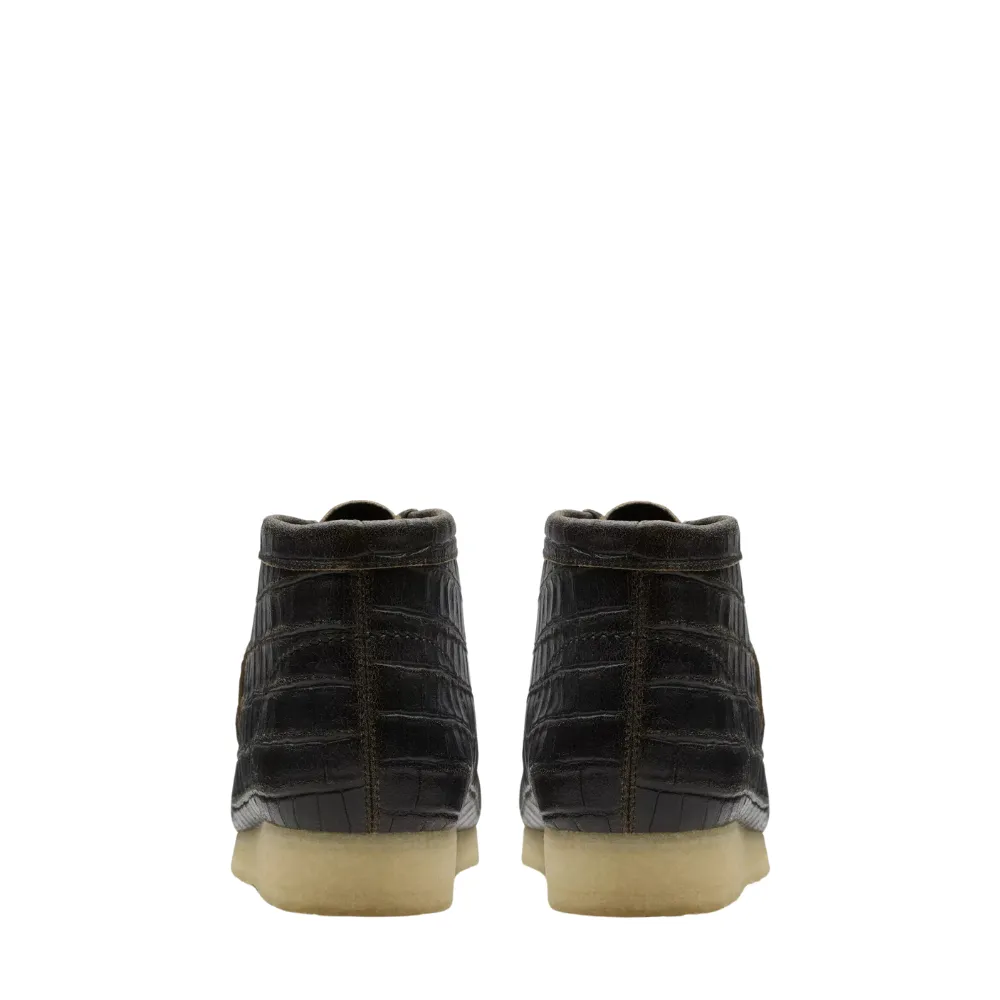 Clarks Men's Wallabee Boot in Black Crocodile Distress