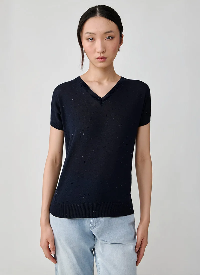 Cotton Silk V Neck Short Sleeve Sweater