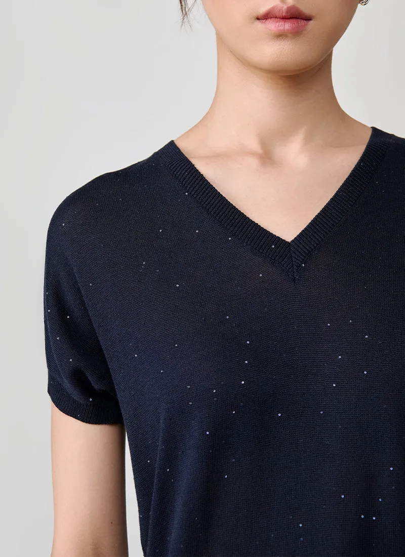 Cotton Silk V Neck Short Sleeve Sweater