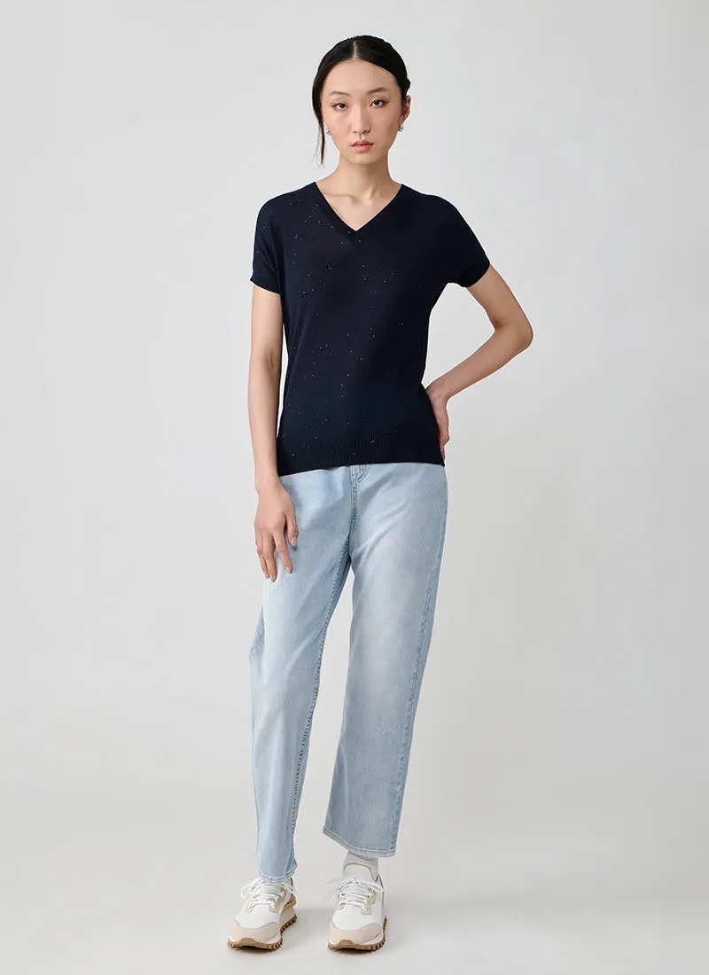 Cotton Silk V Neck Short Sleeve Sweater