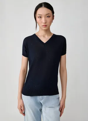 Cotton Silk V Neck Short Sleeve Sweater