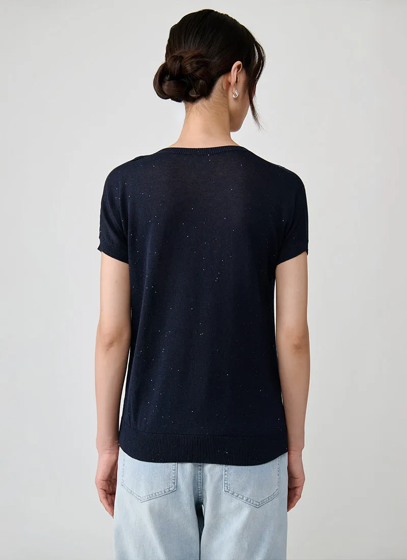 Cotton Silk V Neck Short Sleeve Sweater
