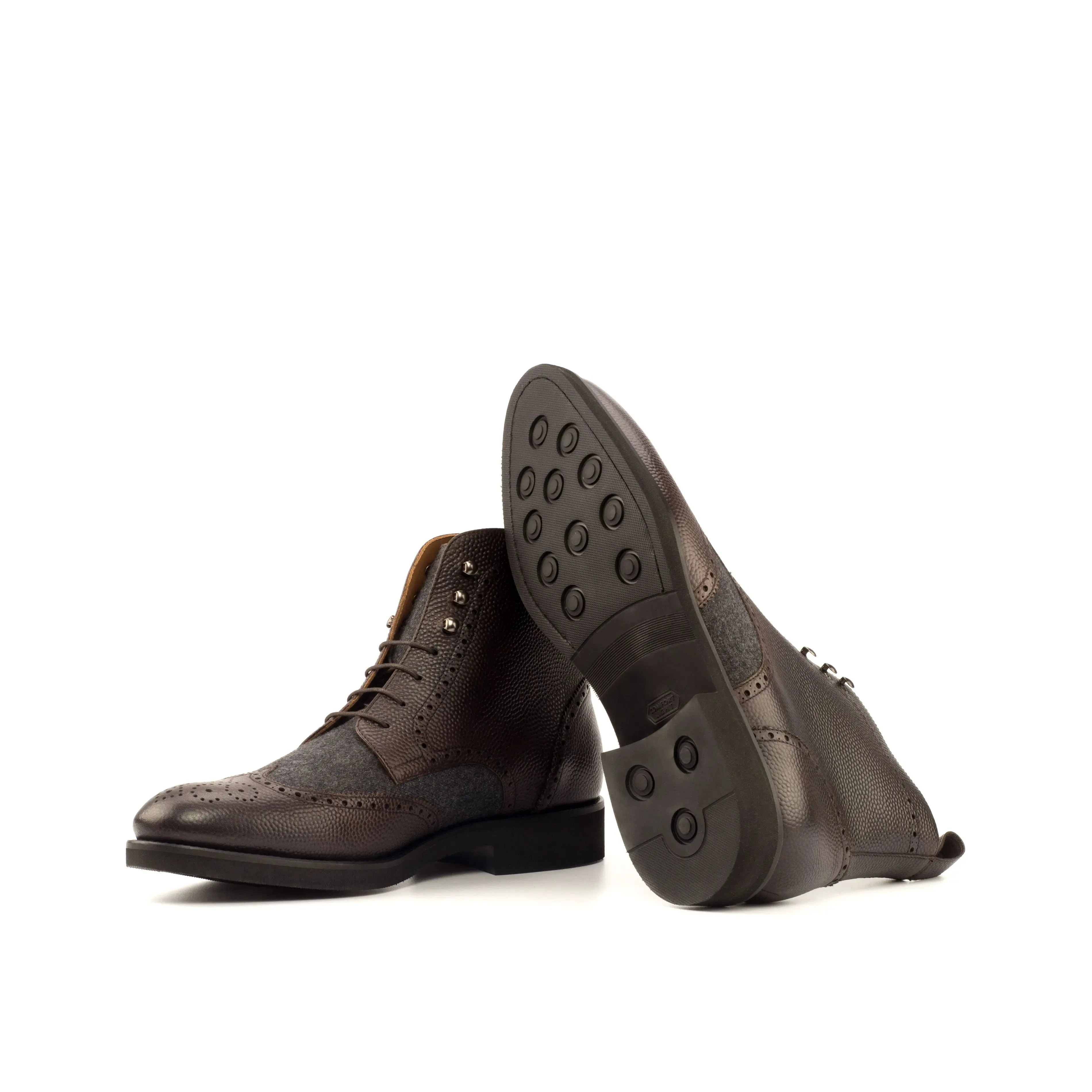 DapperFam Valiant in Dark Brown / Dark Grey Men's Flannel & Italian Pebble Grain Leather Military Brogue
