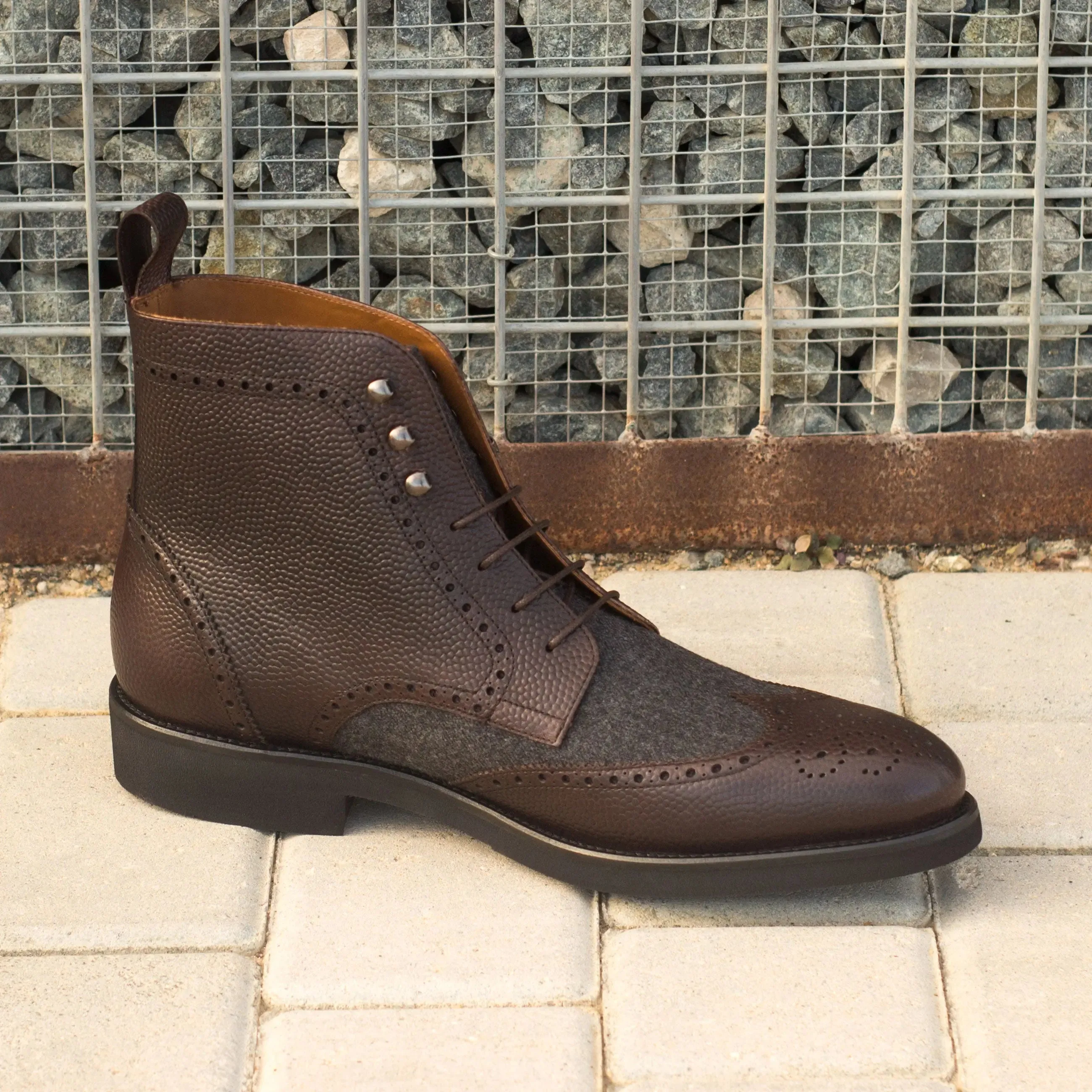 DapperFam Valiant in Dark Brown / Dark Grey Men's Flannel & Italian Pebble Grain Leather Military Brogue