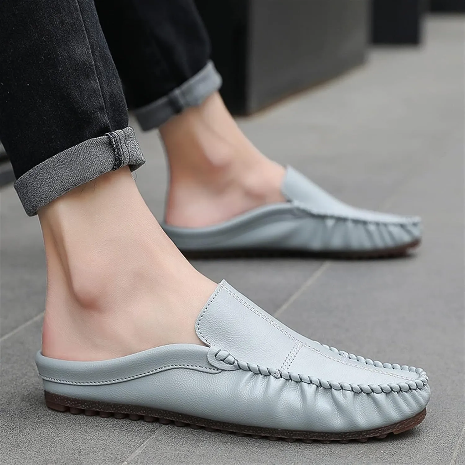 New Mens Loafers Stitching Details Backless Moccasins Shoes Vegan Leather Flat Heel Slip Resistant Flexible Outdoor Party Slip-ons