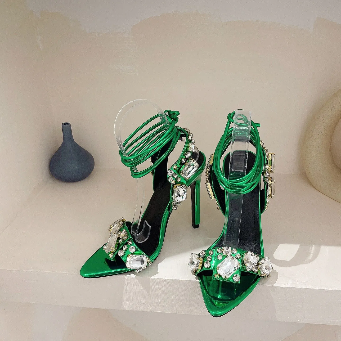 Pre Order:  Straight Line Strap Rhinestone Stiletto Sandals