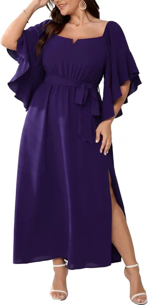 SCOMCHIC Women Plus Size Wedding Guest Maxi Dress Square Neck Ruffle 3/4 Sleeve Belted Slit A Line Formal Long Dresses