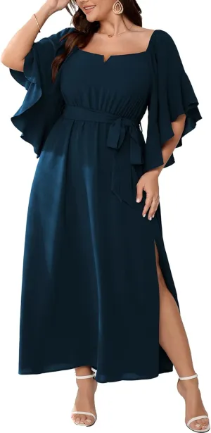 SCOMCHIC Women Plus Size Wedding Guest Maxi Dress Square Neck Ruffle 3/4 Sleeve Belted Slit A Line Formal Long Dresses