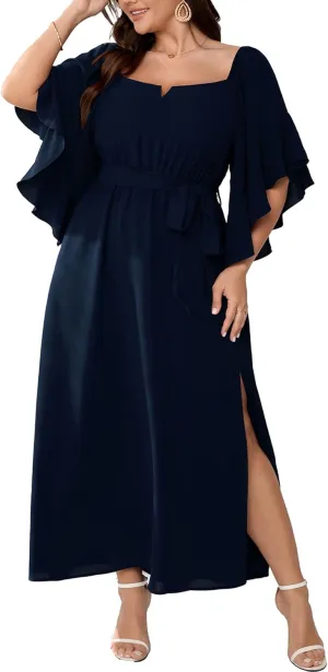 SCOMCHIC Women Plus Size Wedding Guest Maxi Dress Square Neck Ruffle 3/4 Sleeve Belted Slit A Line Formal Long Dresses