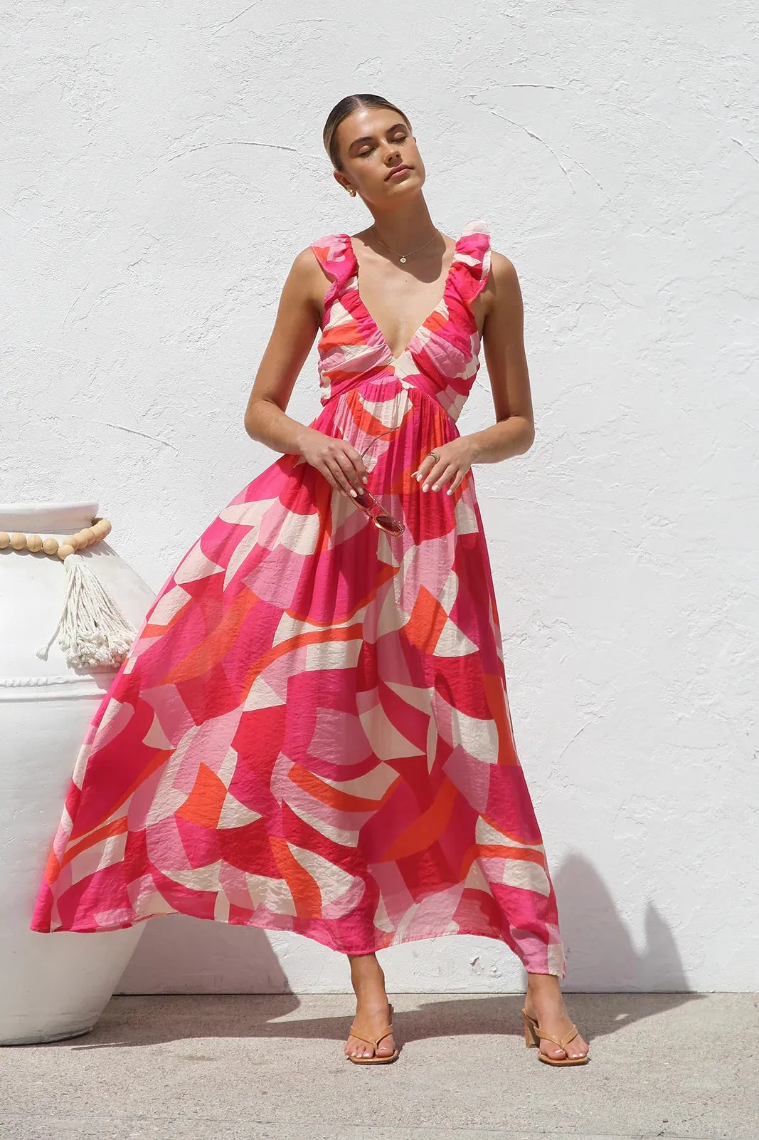 Summer Sunlit Breeze Floral Maxi Sundress | Ruffle floral maxi dress| Flowy Boho Maxi Dress