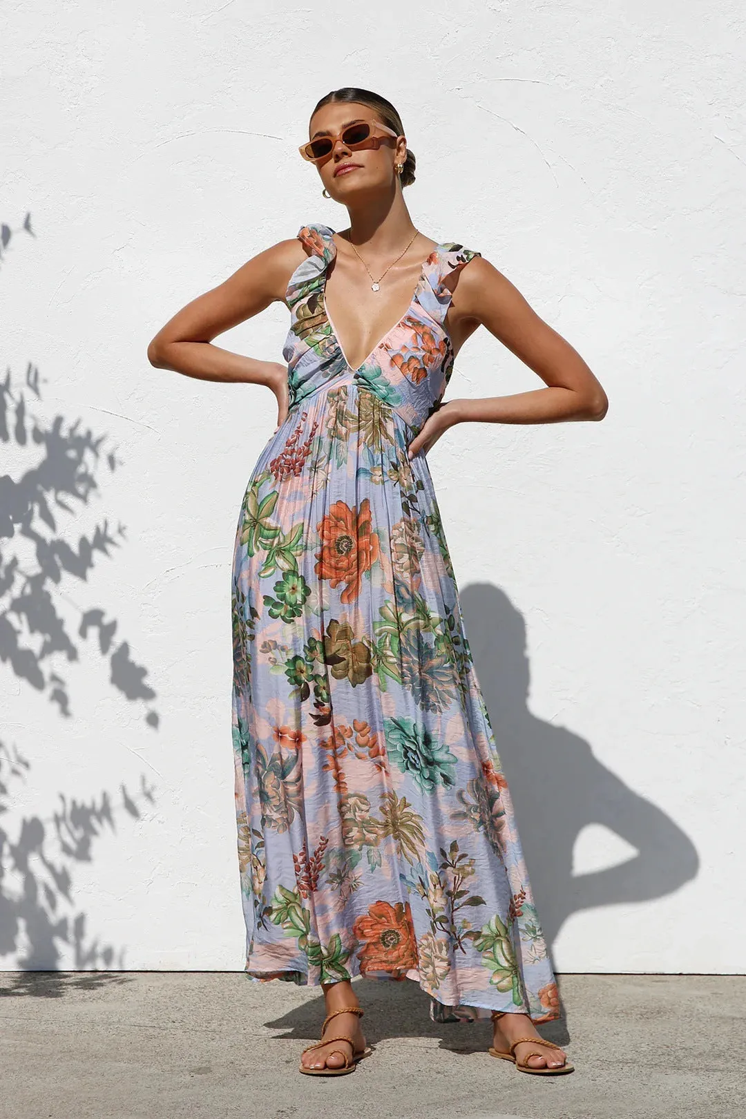 Summer Sunlit Breeze Floral Maxi Sundress | Ruffle floral maxi dress| Flowy Boho Maxi Dress