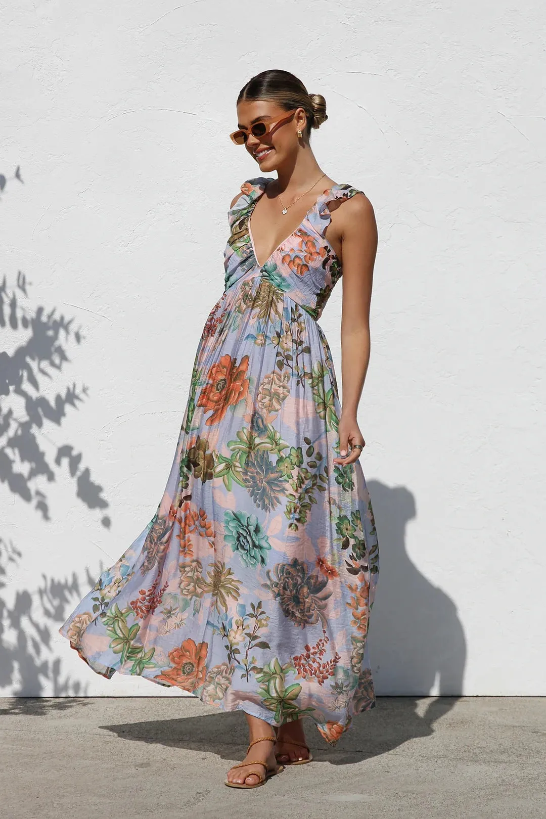 Summer Sunlit Breeze Floral Maxi Sundress | Ruffle floral maxi dress| Flowy Boho Maxi Dress