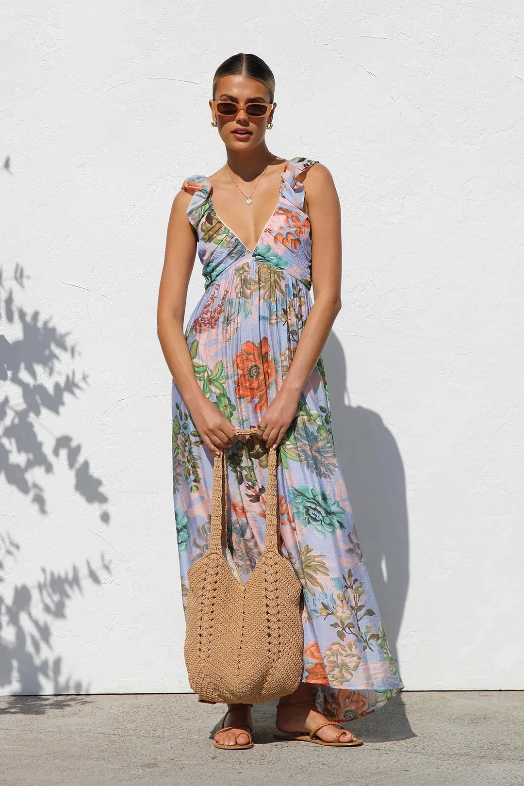 Summer Sunlit Breeze Floral Maxi Sundress | Ruffle floral maxi dress| Flowy Boho Maxi Dress