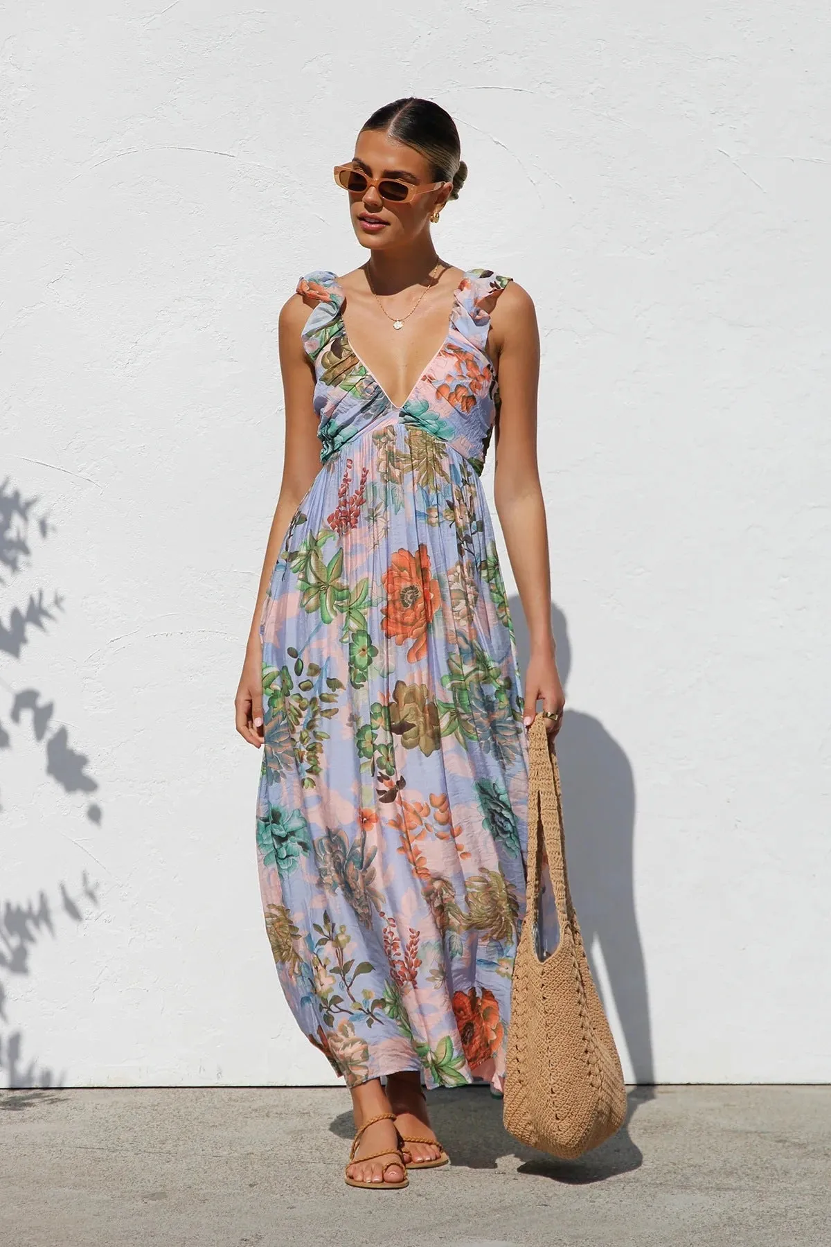 Summer Sunlit Breeze Floral Maxi Sundress | Ruffle floral maxi dress| Flowy Boho Maxi Dress
