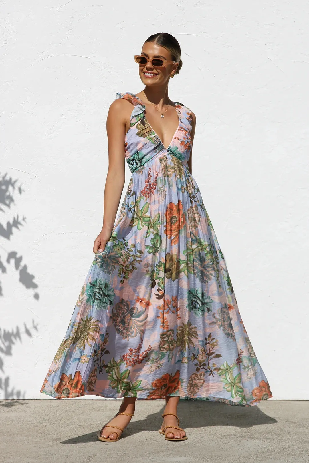 Summer Sunlit Breeze Floral Maxi Sundress | Ruffle floral maxi dress| Flowy Boho Maxi Dress