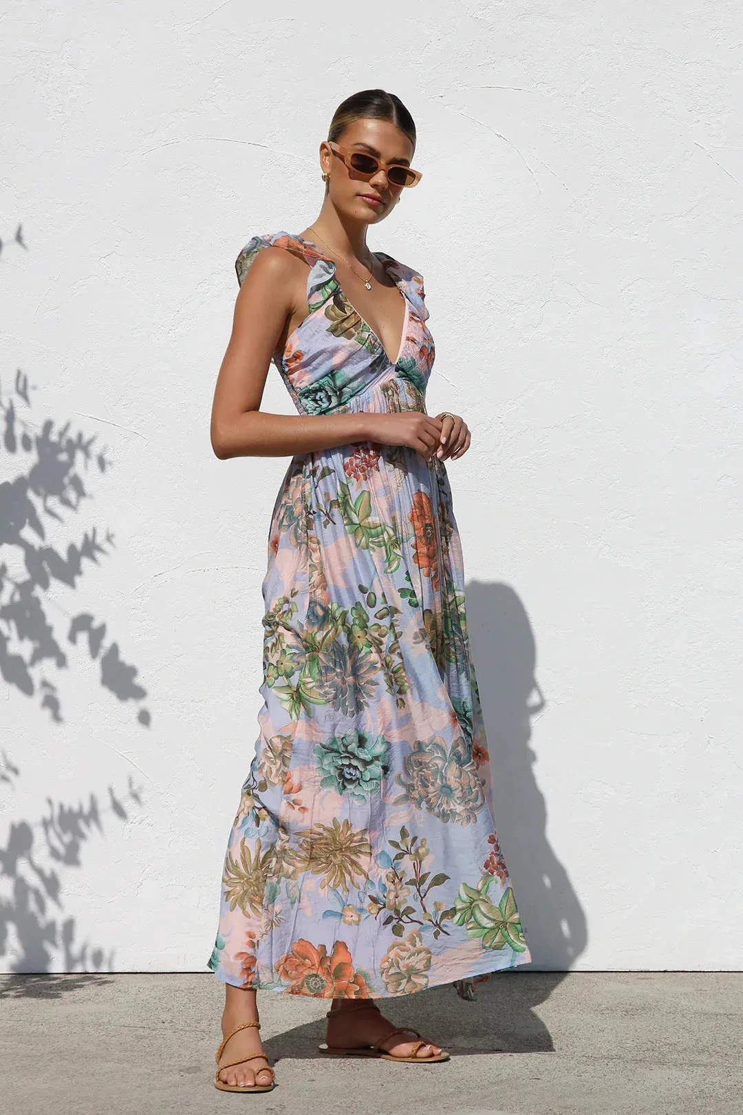 Summer Sunlit Breeze Floral Maxi Sundress | Ruffle floral maxi dress| Flowy Boho Maxi Dress