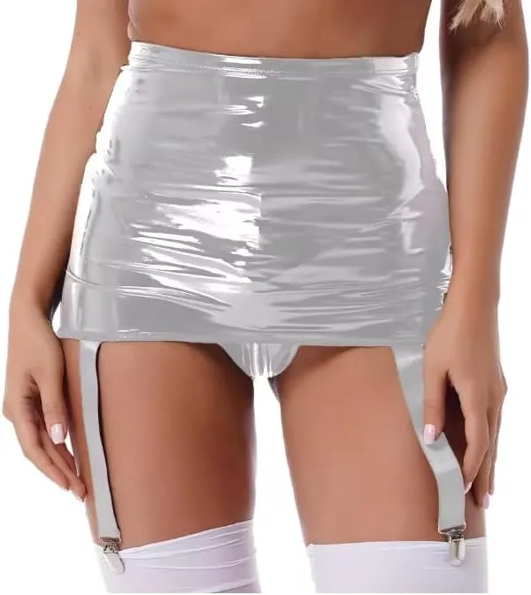 Women's Garter Straps Pencil Skirts Leather Wet Look Short Mini Skirts With Buckle Clips Clubwear,