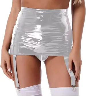 Women's Garter Straps Pencil Skirts Leather Wet Look Short Mini Skirts With Buckle Clips Clubwear,