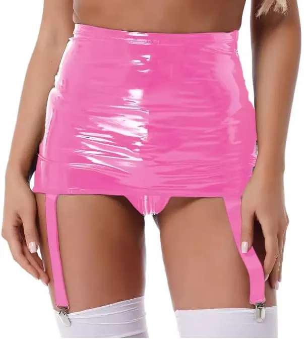 Women's Garter Straps Pencil Skirts Leather Wet Look Short Mini Skirts With Buckle Clips Clubwear,