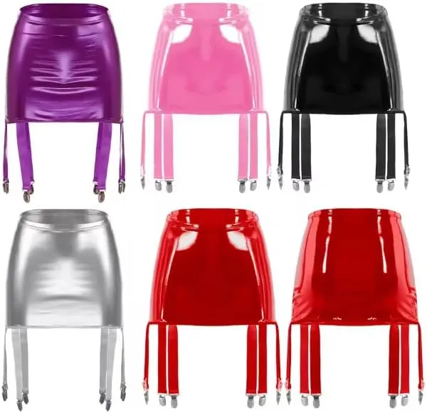 Women's Garter Straps Pencil Skirts Leather Wet Look Short Mini Skirts With Buckle Clips Clubwear,