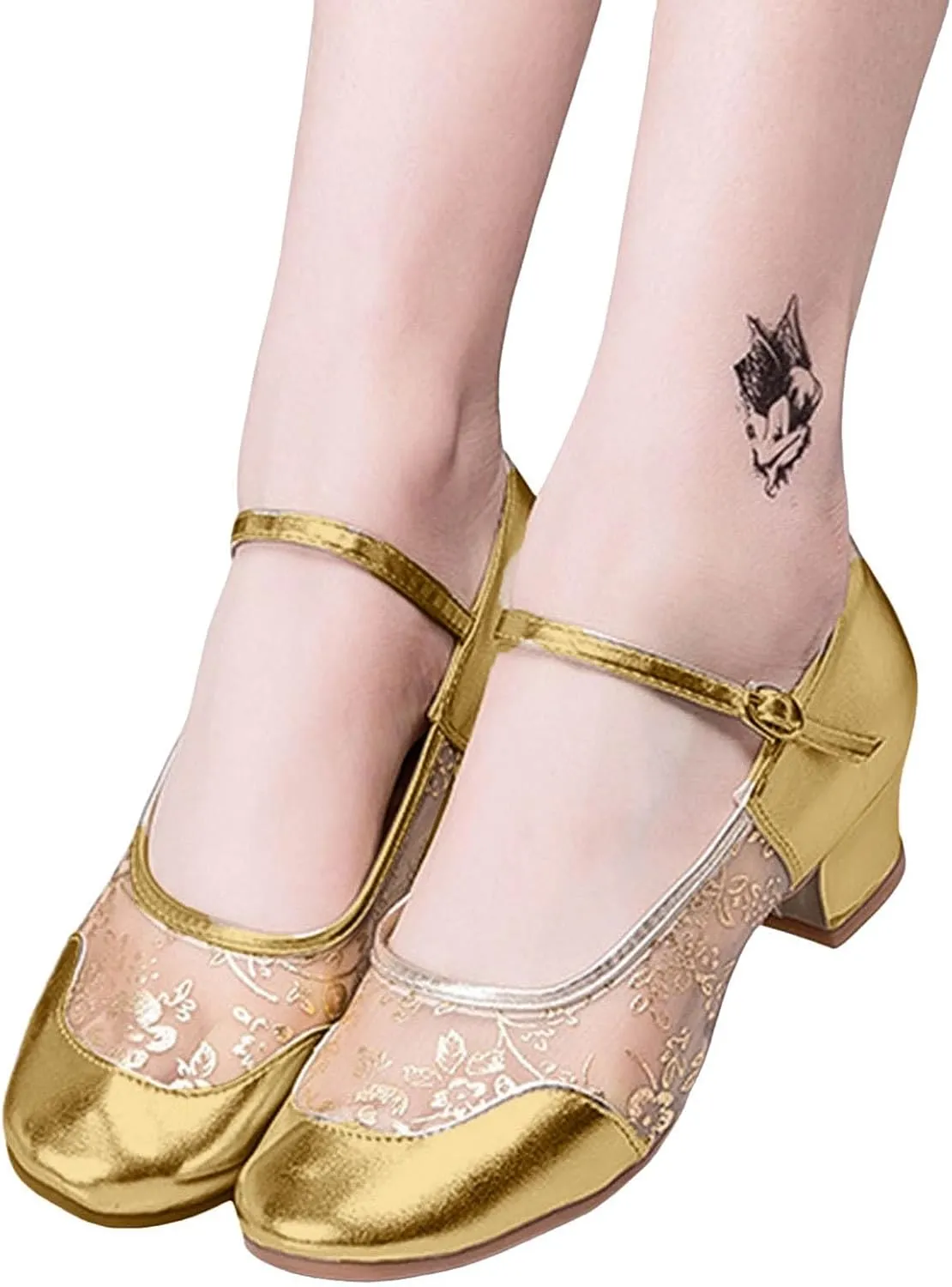Women's Middle Heel Mesh Latin Dance Shoes Single Shoe Women's Low Chunky Block Heels Heeled Prom High Heels Wide Feet