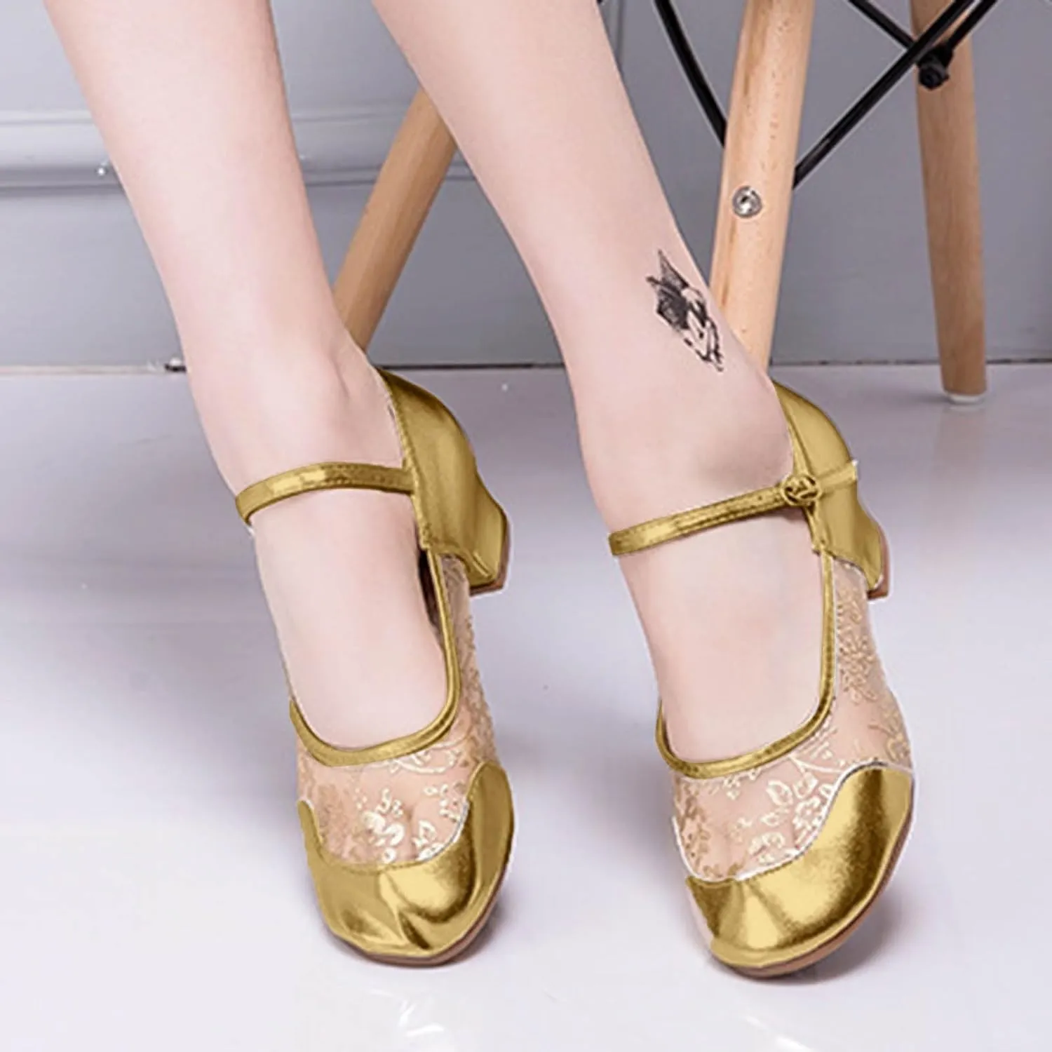 Women's Middle Heel Mesh Latin Dance Shoes Single Shoe Women's Low Chunky Block Heels Heeled Prom High Heels Wide Feet