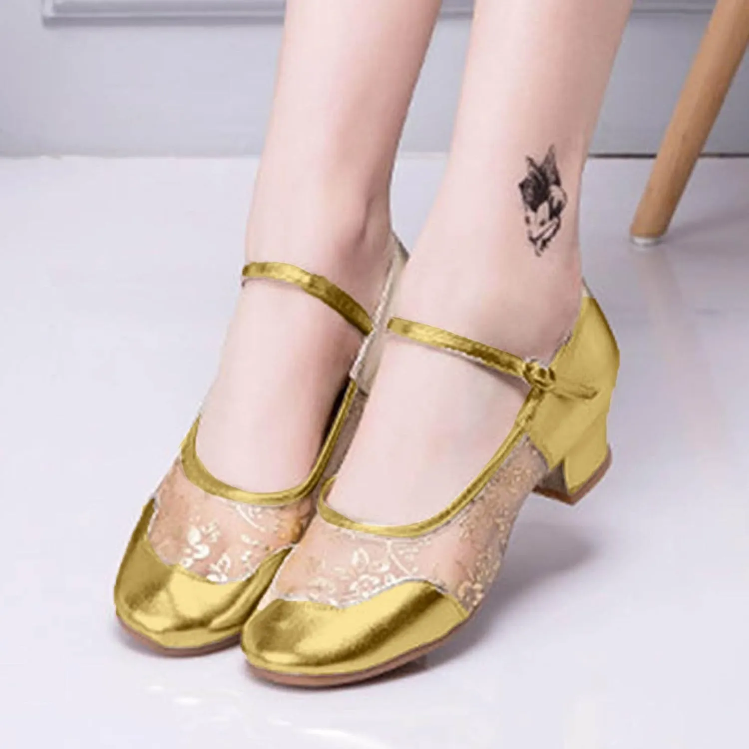 Women's Middle Heel Mesh Latin Dance Shoes Single Shoe Women's Low Chunky Block Heels Heeled Prom High Heels Wide Feet