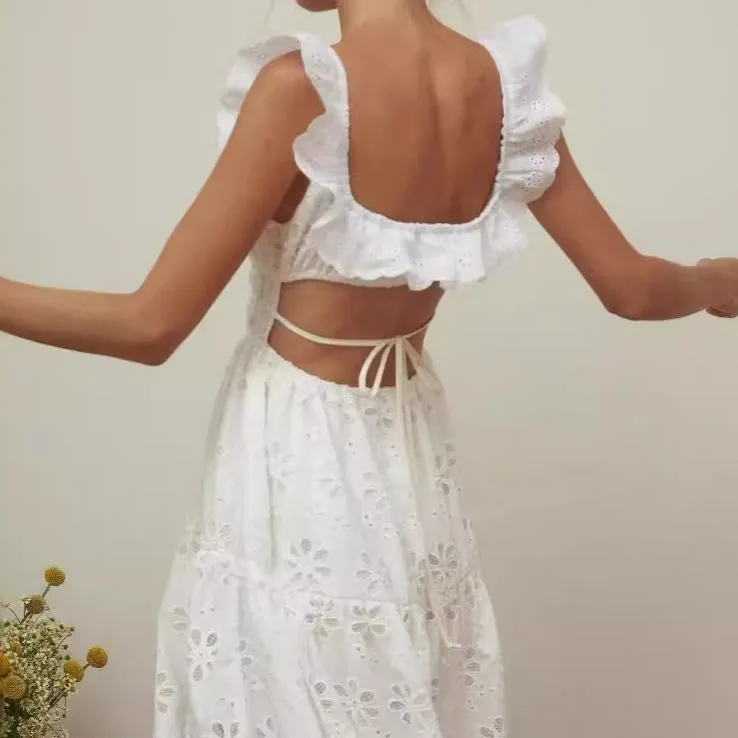 Womens Sleeveless Dress  Cotton Eyelet  Ruffled Straps  Smocked Bodice  High Slit
