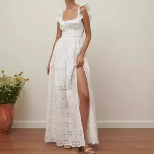 Womens Sleeveless Dress  Cotton Eyelet  Ruffled Straps  Smocked Bodice  High Slit
