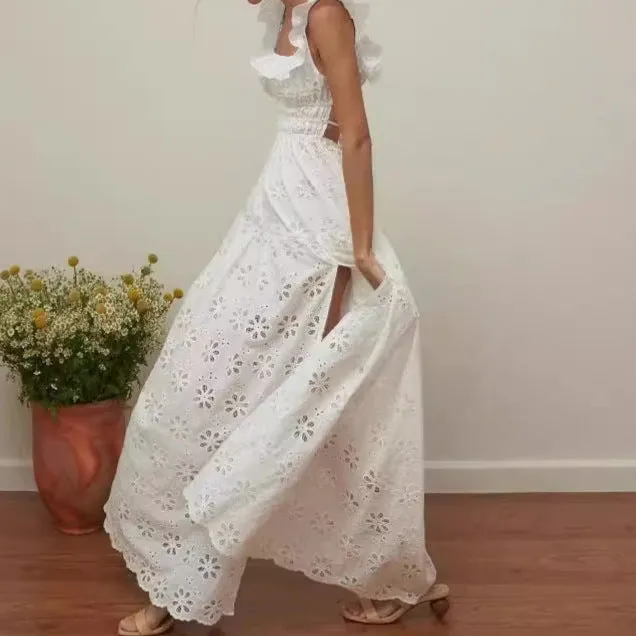 Womens Sleeveless Dress  Cotton Eyelet  Ruffled Straps  Smocked Bodice  High Slit