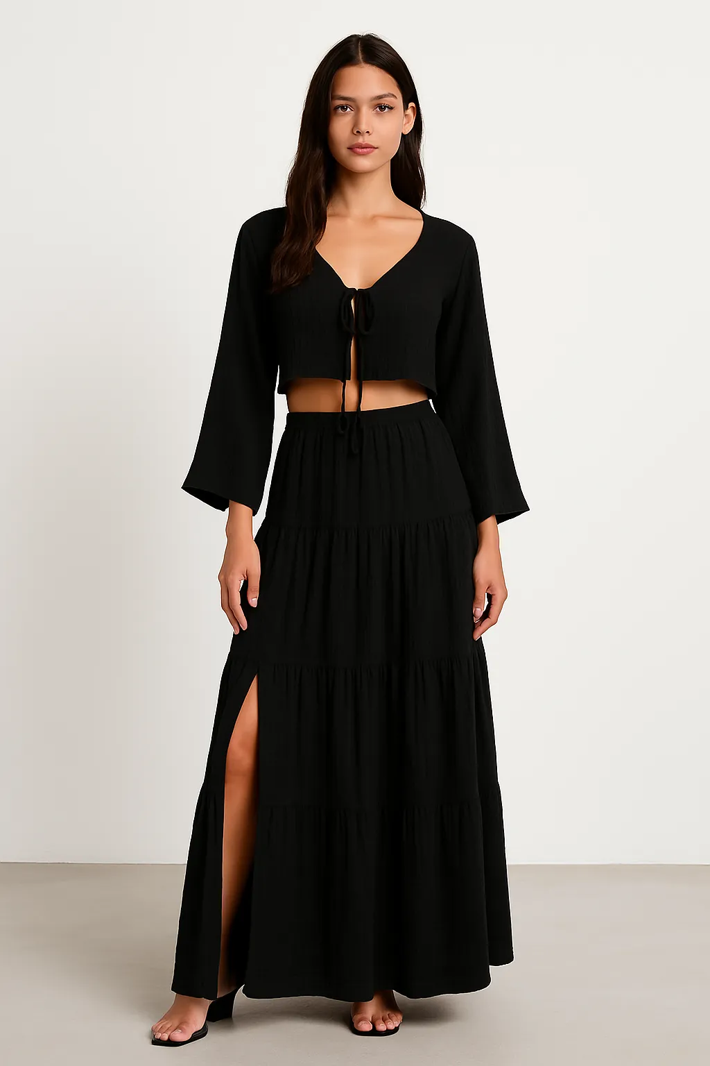 Womens Two-Piece Set  Cotton Linen  Tie-Front Cropped Cardigan & High-Slit Skirt