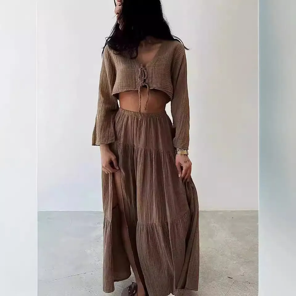 Womens Two-Piece Set  Cotton Linen  Tie-Front Cropped Cardigan & High-Slit Skirt