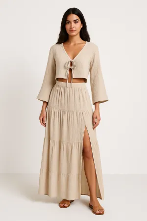 Womens Two-Piece Set  Cotton Linen  Tie-Front Cropped Cardigan & High-Slit Skirt