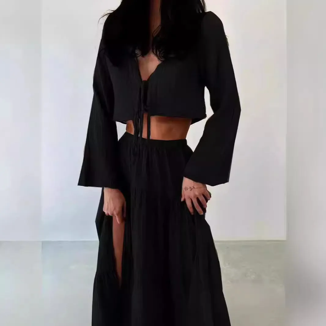 Womens Two-Piece Set  Cotton Linen  Tie-Front Cropped Cardigan & High-Slit Skirt