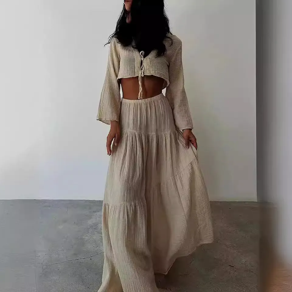 Womens Two-Piece Set  Cotton Linen  Tie-Front Cropped Cardigan & High-Slit Skirt