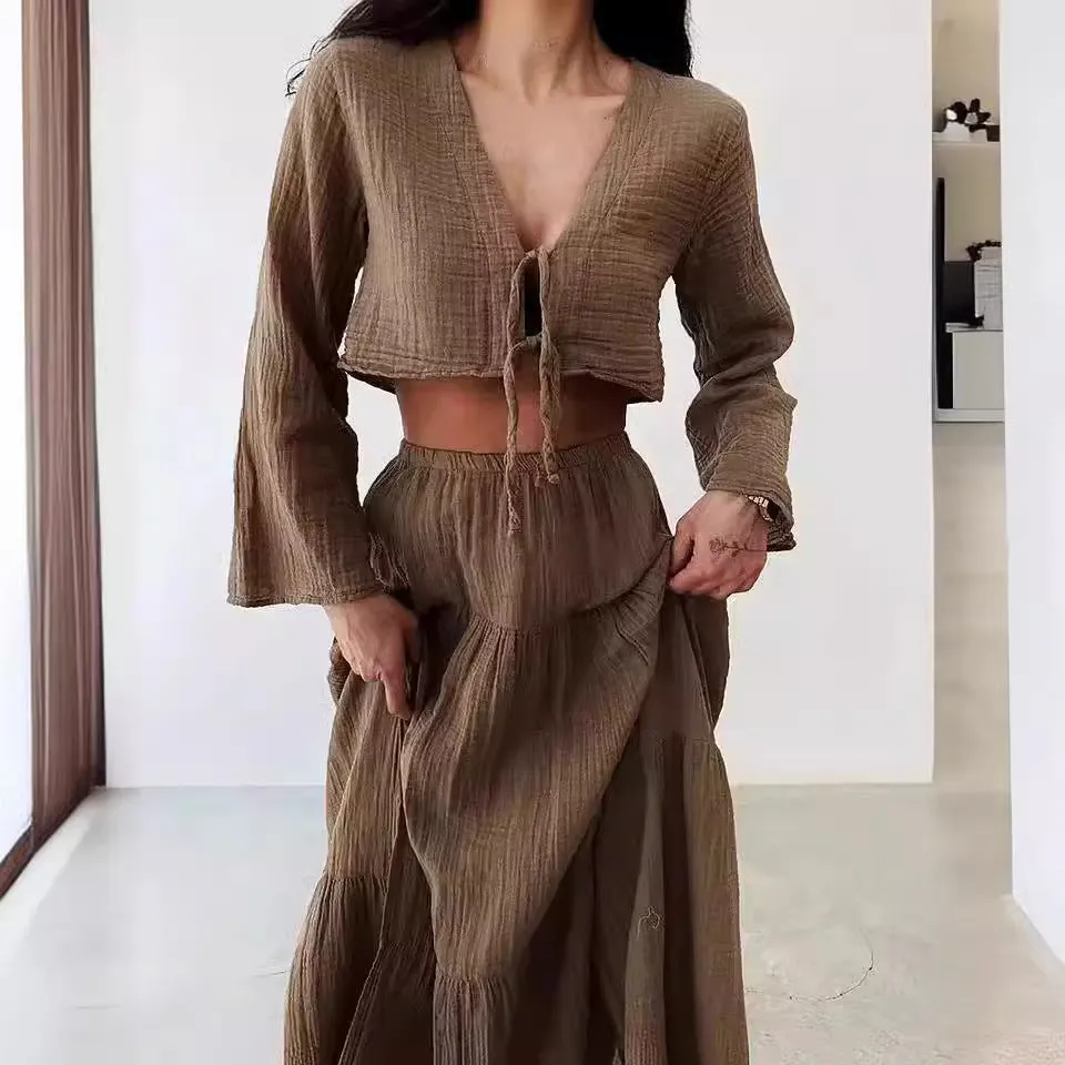 Womens Two-Piece Set  Cotton Linen  Tie-Front Cropped Cardigan & High-Slit Skirt