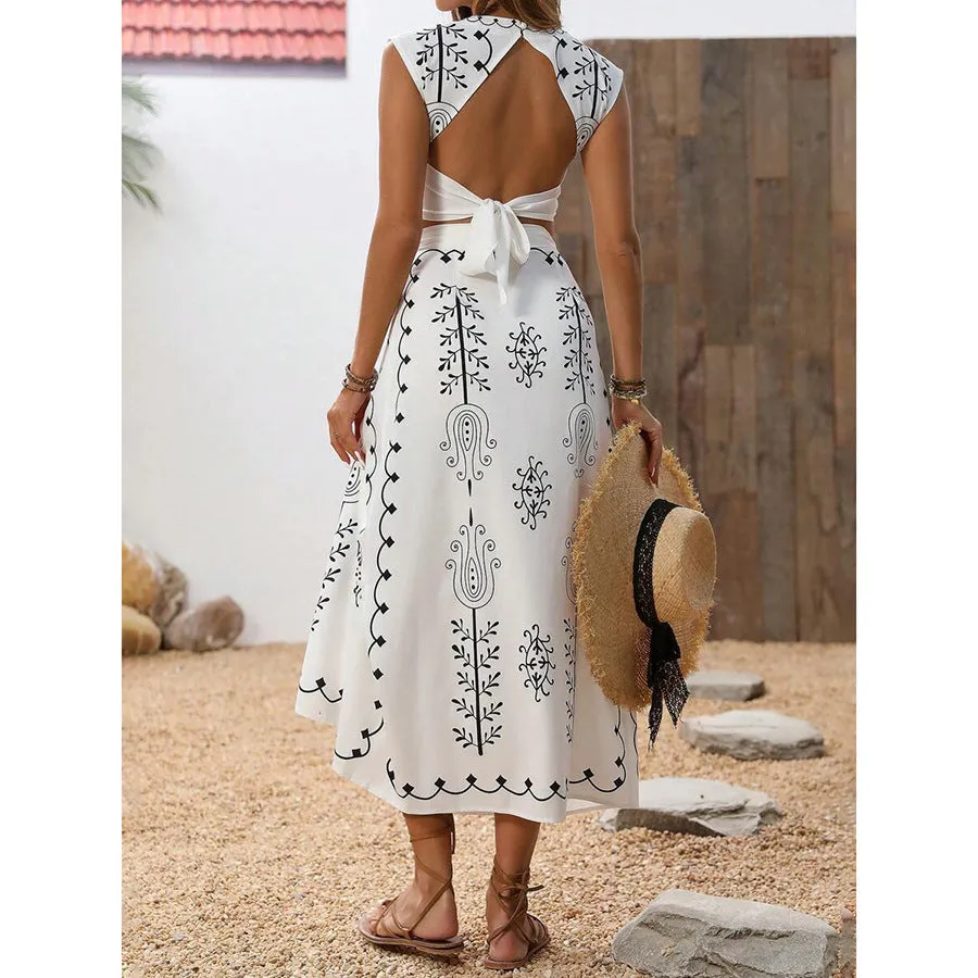 Womens Two-Piece Set  Embroidered Sleeveless Crop Top & Wrap Midi Skirt  Breathable Fabric