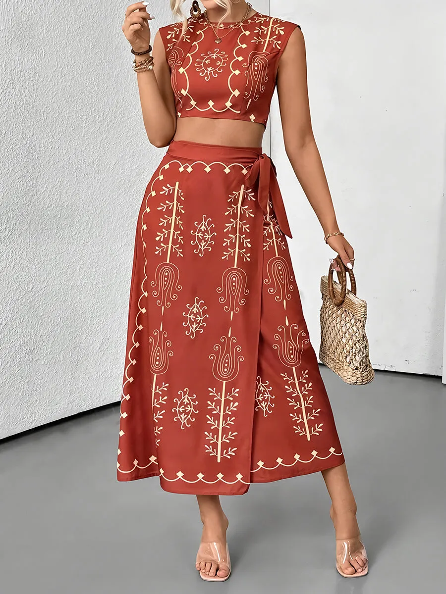 Womens Two-Piece Set  Embroidered Sleeveless Crop Top & Wrap Midi Skirt  Breathable Fabric