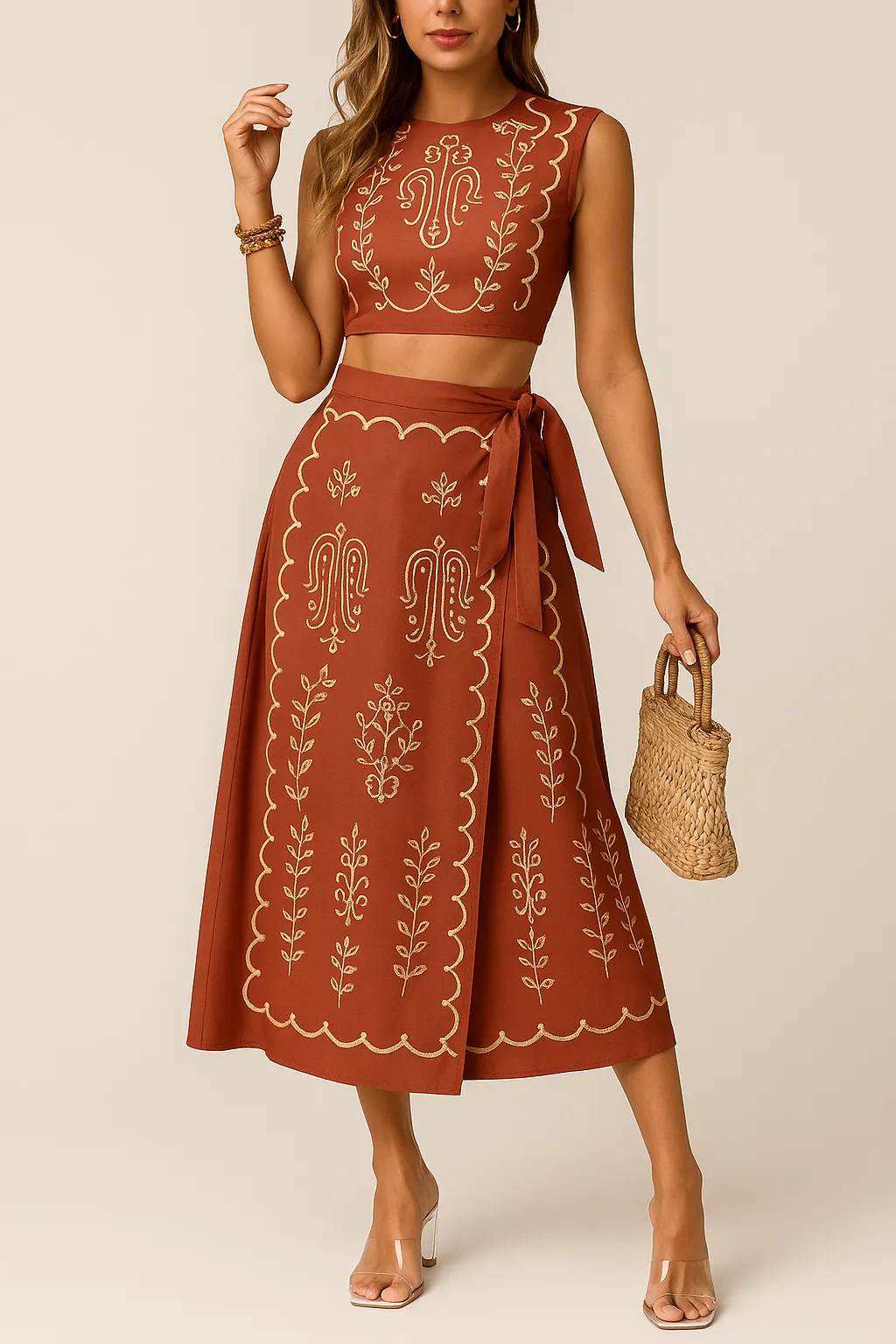 Womens Two-Piece Set  Embroidered Sleeveless Crop Top & Wrap Midi Skirt  Breathable Fabric