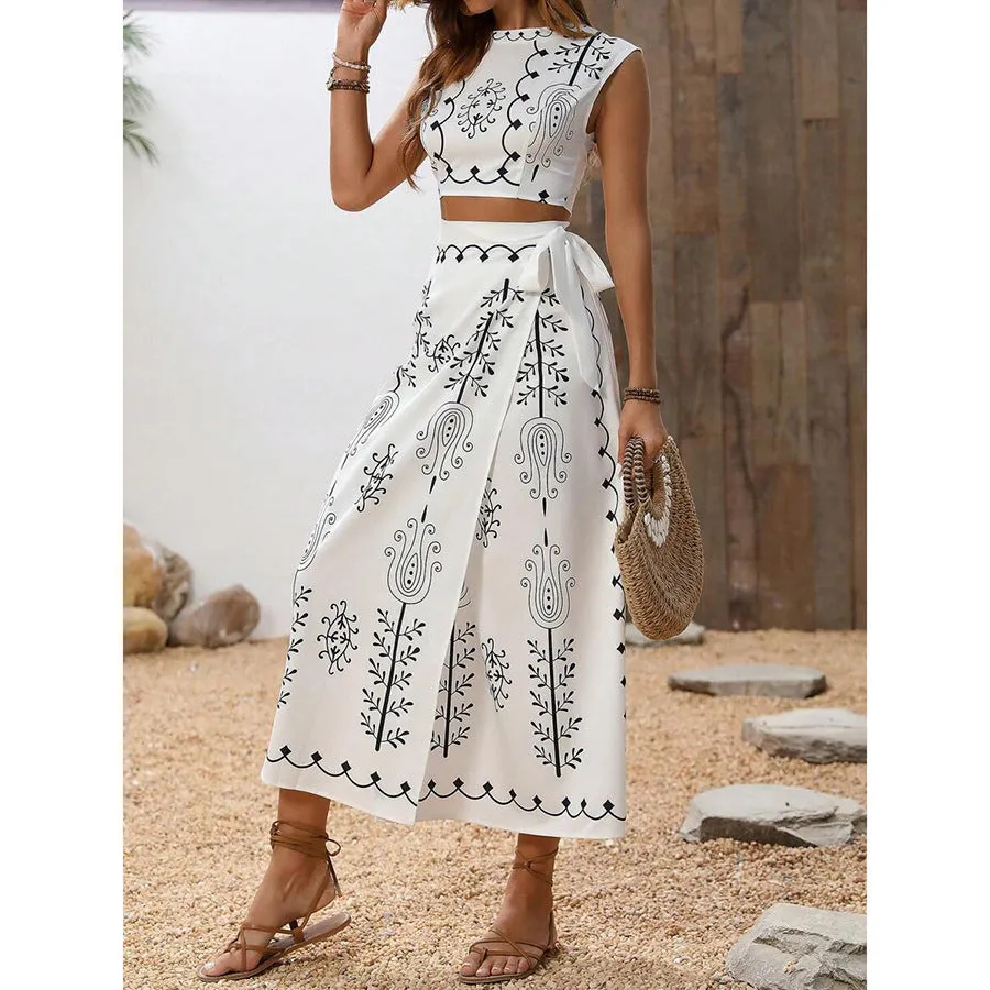 Womens Two-Piece Set  Embroidered Sleeveless Crop Top & Wrap Midi Skirt  Breathable Fabric