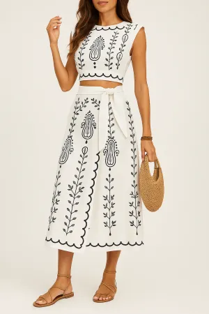 Womens Two-Piece Set  Embroidered Sleeveless Crop Top & Wrap Midi Skirt  Breathable Fabric